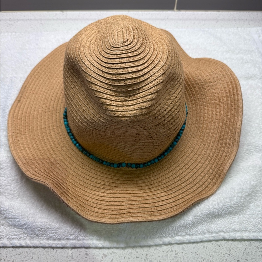 INC International Concepts Tan and Turquoise Blue Hat with Wide Brim NWT